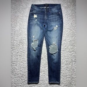 Judy Blue Jeans Womens 28 Skinny Dark Wash Distressed Holes Raw Hem Stretch